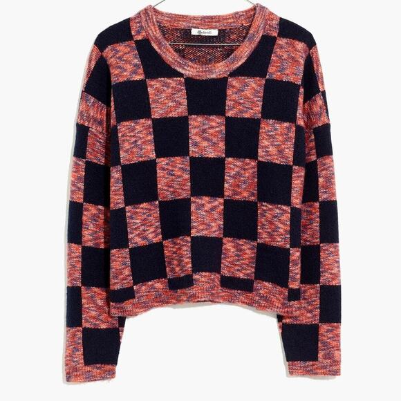 Madewell Sweaters - NWT Madewell Checkered Pullover Sweater Boxy Cropped Navy Blue Pink Size Large